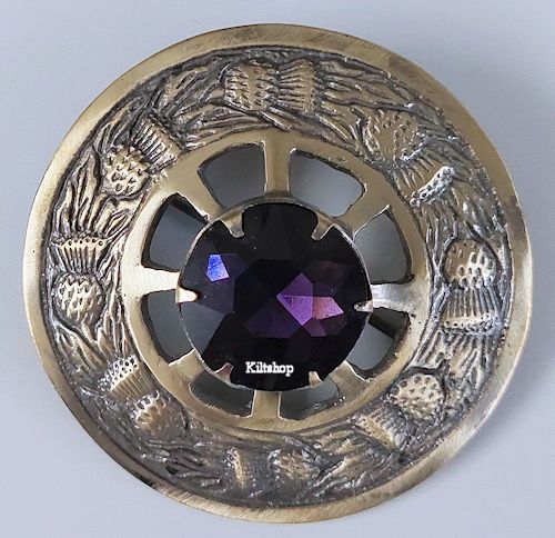 Plaid Broach, Purple glass in center, Bronskleurig, 8 cm
